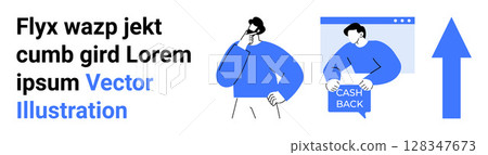 Finger-on-chin man contemplating, another holding Cash Back sign with web window, and upwards arrow. Ideal for marketing strategies, business growth, financial incentives, web promotions, e-commerce Finger-on-chin man contemplating, another holding Cash Back sign with web window, and upwards arrow. Ideal for marketing strategies, business growth, financial incentives, web promotions, e-commerce 128347673