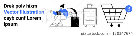 Woman seated on couch working on laptop, suitcase, shopping cart with notification dot. Ideal for productivity, travel, shopping, online business, notifications, digital marketing, lifestyle. Landing Woman seated on couch working on laptop, suitcase, shopping cart with notification dot. Ideal for productivity, travel, shopping, online business, notifications, digital marketing, lifestyle. Landing 128347674