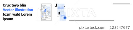 Modern app interface highlighting a main screen with a hand holding a phone, notification icon, and chat bubbles. Ideal for mobile apps, digital communication, tech tutorials, software demos, user 128347677