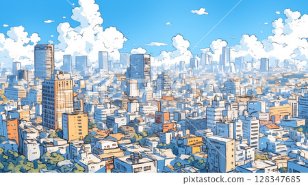 復古的都市流行樂風，湛藍的天空和綿延的雲彩，摩天大樓林立的城市風景 128347685