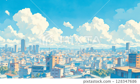 復古的都市流行樂風，湛藍的天空和綿延的雲彩，摩天大樓林立的城市風景 128347686