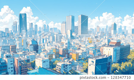Summer cityscape with blue sky and cumulonimbus clouds and skyscraper cityscape illustration, city pop style retro feel and modern architecture 128347710