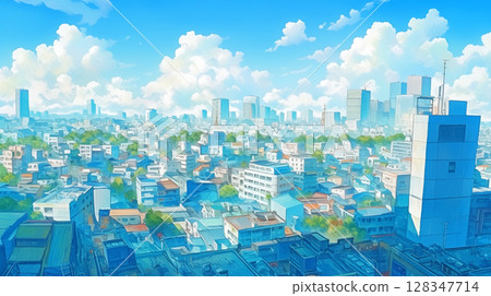 夏季城市景觀，藍天積雨雲和摩天大樓城市景觀插圖，城市流行風格的復古感和現代建築 128347714