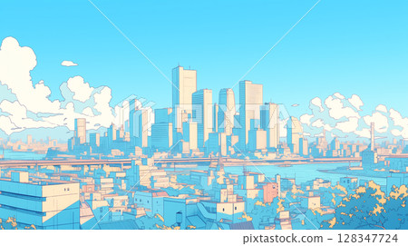 這是一幅城市景觀插圖,描繪了夏日藍天白雲、城市摩天大樓以及明亮、清澈的氛圍。 這是一幅城市景觀插圖,描繪了夏日藍天白雲、城市摩天大樓以及明亮、清澈的氛圍。 128347724