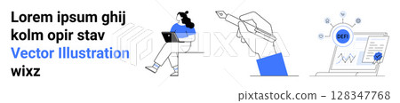Man sitting with laptop, hand holding pen, document with gears and magnifying glass. Ideal for productivity, professional tools, creativity, analytics, remote work, workflow, and digital expertise Man sitting with laptop, hand holding pen, document with gears and magnifying glass. Ideal for productivity, professional tools, creativity, analytics, remote work, workflow, and digital expertise 128347768