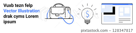 Business briefcase, lightbulb with dollar sign, and website interface. Ideal for business, finance, startups, web design, marketing, education, content Landing page Business briefcase, lightbulb with dollar sign, and website interface. Ideal for business, finance, startups, web design, marketing, education, content Landing page 128347817