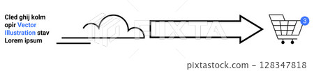 Cloud leading to an arrow pointed at a shopping cart with a notification badge 3 . Ideal for e-commerce, online shopping, data transfer, cloud storage, website design, marketing, digital 128347818