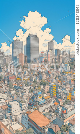 Amidst the clear blue sky and cumulonimbus clouds, the quiet streets and skyscrapers are far removed from the hustle and bustle of the city. Amidst the clear blue sky and cumulonimbus clouds, the quiet streets and skyscrapers are far removed from the hustle and bustle of the city. 128348042