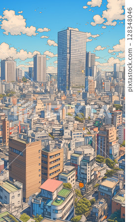 A cityscape illustration featuring 80s-style colors and summer clouds, with a gentle touch that exudes a city pop feel. 128348046