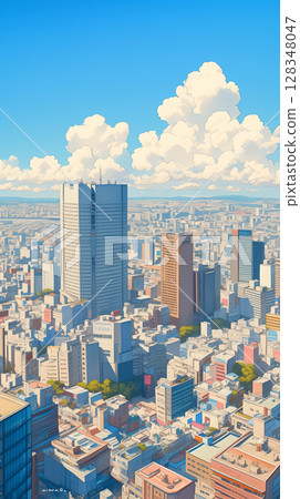 A modern cityscape painted in retro colors, with a beautiful contrast between the blue sky and clouds 128348047