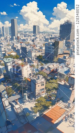 A modern cityscape painted in retro colors, with a beautiful contrast between the blue sky and clouds A modern cityscape painted in retro colors, with a beautiful contrast between the blue sky and clouds 128348052