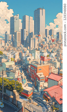 Summer cityscape and the wide open sky, skyscrapers and blue skies create an urban scene that exudes a city pop vibe. 128348060