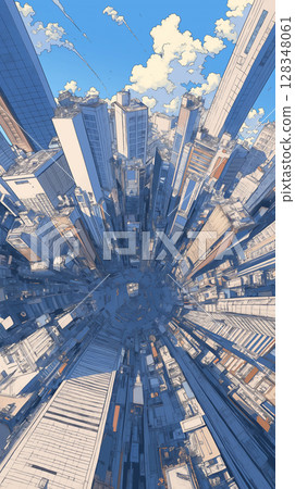 夏日的城市景觀和廣闊的天空、摩天大樓和藍天營造出散發著城市流行氛圍的城市景觀。 128348061