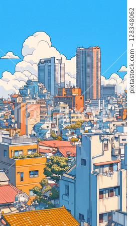 夏日的城市景觀和廣闊的天空、摩天大樓和藍天營造出散發著城市流行氛圍的城市景觀。 128348062