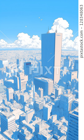夏日的城市景觀和廣闊的天空、摩天大樓和藍天營造出散發著城市流行氛圍的城市景觀。 128348063