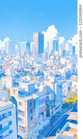 Summer cityscape and the wide open sky, skyscrapers and blue skies create an urban scene that exudes a city pop vibe. 128348064