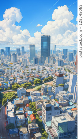 Summer cityscape and the wide open sky, skyscrapers and blue skies create an urban scene that exudes a city pop vibe. 128348065