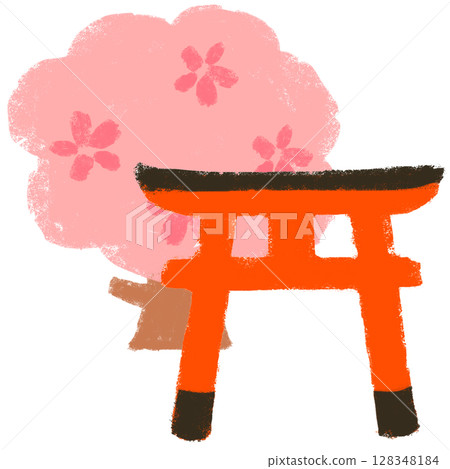 蠟筆觸：櫻花季的神社，手繪插畫 128348184