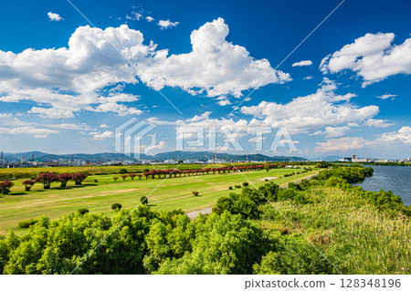 從淀川新橋上俯瞰淀川河岸 從淀川新橋上俯瞰淀川河岸 128348196