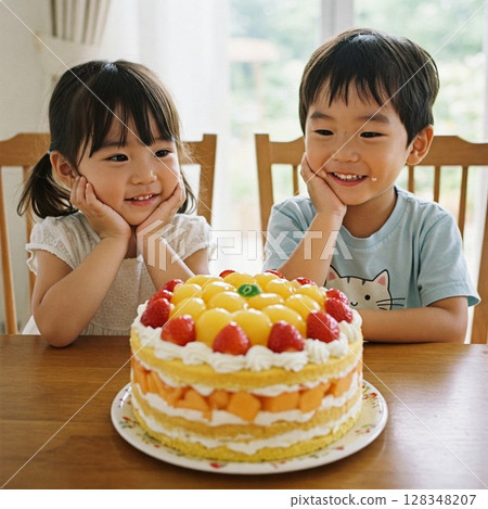 Birthday cake full of fruit and smiling children, boys and girls 128348207