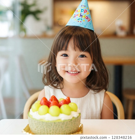 裝滿水果的瓜船和戴著三角帽的微笑女孩 裝滿水果的瓜船和戴著三角帽的微笑女孩 128348216