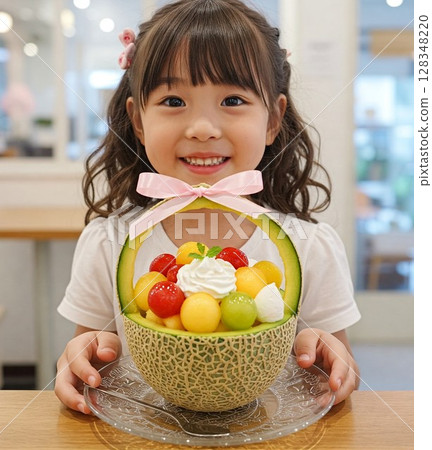 滿載水果的瓜船和微笑的女孩特別的日子 128348220