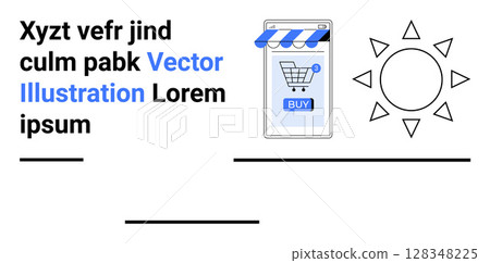 Smartphone displaying a blue and white shopping cart app with Buy button, textual elements, sun icon. Ideal for e-commerce, mobile apps, shopping websites, online stores, digital marketing, retail Smartphone displaying a blue and white shopping cart app with Buy button, textual elements, sun icon. Ideal for e-commerce, mobile apps, shopping websites, online stores, digital marketing, retail 128348225