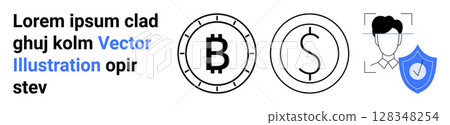 Bitcoin and dollar coin symbols, user authentication icon, and security shield with checkmark. Ideal for cryptocurrency, finance, digital security, fintech, authentication, online banking Bitcoin and dollar coin symbols, user authentication icon, and security shield with checkmark. Ideal for cryptocurrency, finance, digital security, fintech, authentication, online banking 128348254