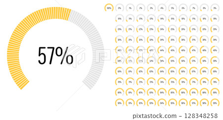 Set of circular sector arc percentage diagrams meters progress bar from 0 to 100 ready-to-use for web design, user interface UI or infographic - indicator with yellow 128348258