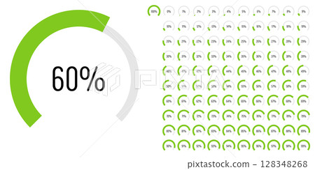Set of circular sector arc percentage diagrams meters progress bar from 0 to 100 ready-to-use for web design, user interface UI or infographic - indicator with green 128348268