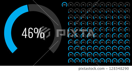 Set of circular sector arc percentage diagrams meters progress bar from 0 to 100 ready-to-use for web design, user interface UI or infographic - indicator with blue 128348290