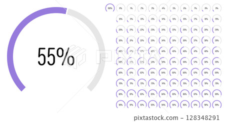 Set of circular sector arc percentage diagrams meters progress bar from 0 to 100 ready-to-use for web design, user interface UI or infographic - indicator with purple 128348291