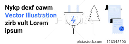 Minimalist electric plug, evergreen tree, and documents with blue checkmarks. Ideal for sustainability, energy, documentation, approval, business, nature, and environmental themes. Landing page 128348300