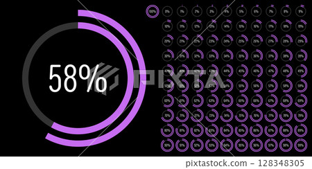 Set of circle percentage progress bar diagrams meters from 0 to 100 ready-to-use for web design, user interface UI or infographic - indicator with purple 128348305