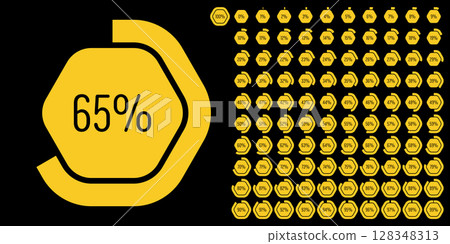 Set of hexagon percentage diagrams meters from 0 to 100 ready-to-use for web design, user interface (UI) or infographic - indicator with yellow Set of hexagon percentage diagrams meters from 0 to 100 ready-to-use for web design, user interface (UI) or infographic - indicator with yellow 128348313