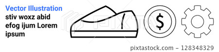 Sneaker outline, dollar symbol, gear icon. Ideal for ecommerce, startup, finance, business, marketing sports technology Landing page 128348329