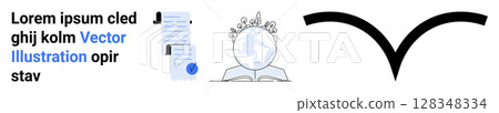 Documents with profile, crowned globe on open book, curved arrow. Ideal for educational content, global learning, documentation processes, branding, environmental themes, knowledge sharing, web Documents with profile, crowned globe on open book, curved arrow. Ideal for educational content, global learning, documentation processes, branding, environmental themes, knowledge sharing, web 128348334
