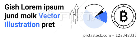 Bitcoin symbol, pie chart segments in blue and black, upward arrows. Ideal for financial analysis, cryptocurrency trends, growth visualization, investment opportunities, digital economy, fintech 128348335