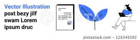 Document with text and logo, blue leaf icon, person sitting with laptop. Ideal for productivity, remote work, nature, technology, modern design, minimalism, professional presentation. Landing page Document with text and logo, blue leaf icon, person sitting with laptop. Ideal for productivity, remote work, nature, technology, modern design, minimalism, professional presentation. Landing page 128348392