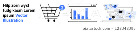 Shopping cart with notification, bar graph in browser, digital dashboard with abstract elements. Ideal for online shopping, data analytics, business statistics, marketing, digital strategy Shopping cart with notification, bar graph in browser, digital dashboard with abstract elements. Ideal for online shopping, data analytics, business statistics, marketing, digital strategy 128348393