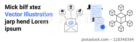 Email envelope with user icons, documents with checkmark, and blockchain network pattern. Ideal for digital communication, email marketing, document sharing, blockchain technology, online security Email envelope with user icons, documents with checkmark, and blockchain network pattern. Ideal for digital communication, email marketing, document sharing, blockchain technology, online security 128348394