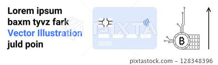 Blue credit card with chip and wireless signal, Bitcoin symbol connected to technical structure, upward arrow. Ideal for finance, technology, banking, cryptocurrency, investment, growth analysis 128348396
