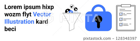 Funnel separating data, blue padlock indicating security, checklist on clipboard. Ideal for data privacy, cybersecurity, compliance, governance, filtering processes, security systems, productivity Funnel separating data, blue padlock indicating security, checklist on clipboard. Ideal for data privacy, cybersecurity, compliance, governance, filtering processes, security systems, productivity 128348397