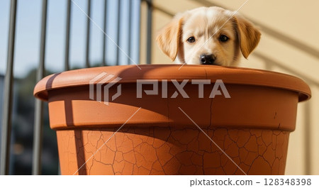 Adorable Golden Retriever Puppy Peeking Out of Terracotta Flower Pot on Sunny Day 128348398