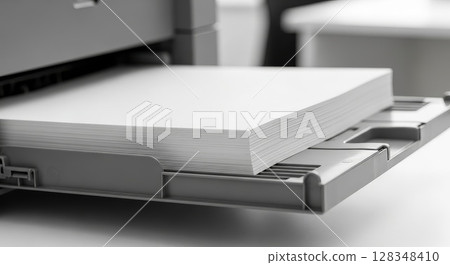 Close Up of White Paper Stack on Modern Office Printer Scanner Equipment 128348410