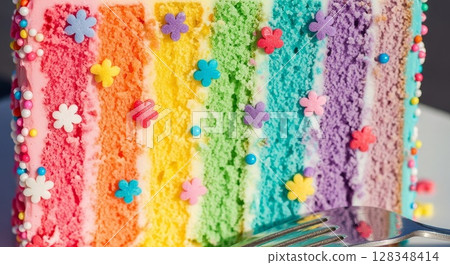 Colorful Rainbow Layer Cake with Flower Sprinkles Decorated Dessert 128348414
