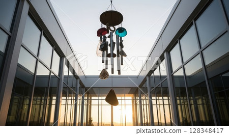 Colorful Wind Chimes Hanging in Modern Glass Building Atrium at Sunset Colorful Wind Chimes Hanging in Modern Glass Building Atrium at Sunset 128348417