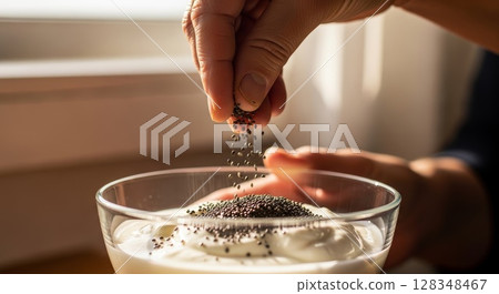 Sprinkling Black Seeds into Creamy Yogurt or Sauce in Glass Bowl 128348467