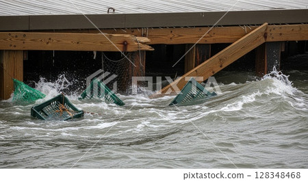 Storm Damaged Fishing Pier with Floating Green Crates During Rough Coastal Waves 128348468