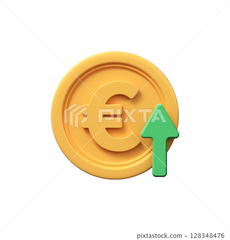 Golden euro coin with down arrow. Economy, finance, money, investment symbol. 3d currency decline icon. Golden euro coin with down arrow. Economy, finance, money, investment symbol. 3d currency decline icon. 128348476